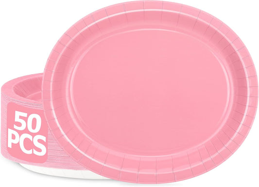 QZYL 50 Pcs Party Decorations, 12.2'' X 10.2'' Oval Large Paper Plates, Pink Disposable Paper Plates, Heavy Duty Paper Plates for Children's Birthday Party Wedding Picnic Baby Shower Barbecue Holiday