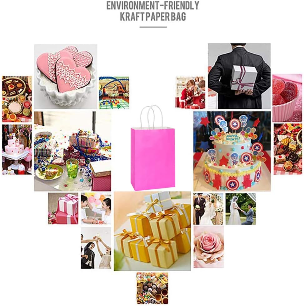 25 PCS Small Gift Bags Hot Pink Kraft Paper Bags with Handles for Party Favors (8.2 x 6 x 3.1 In)