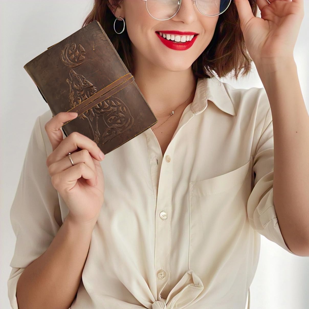 Urooj Handicraft Wolf Leather Journal Book of Shadows Notebook Handmade Daily Notepads for Men & Women Blank Paper 7x5 Inches - Best Gift for Art Sketchbook & Notebook