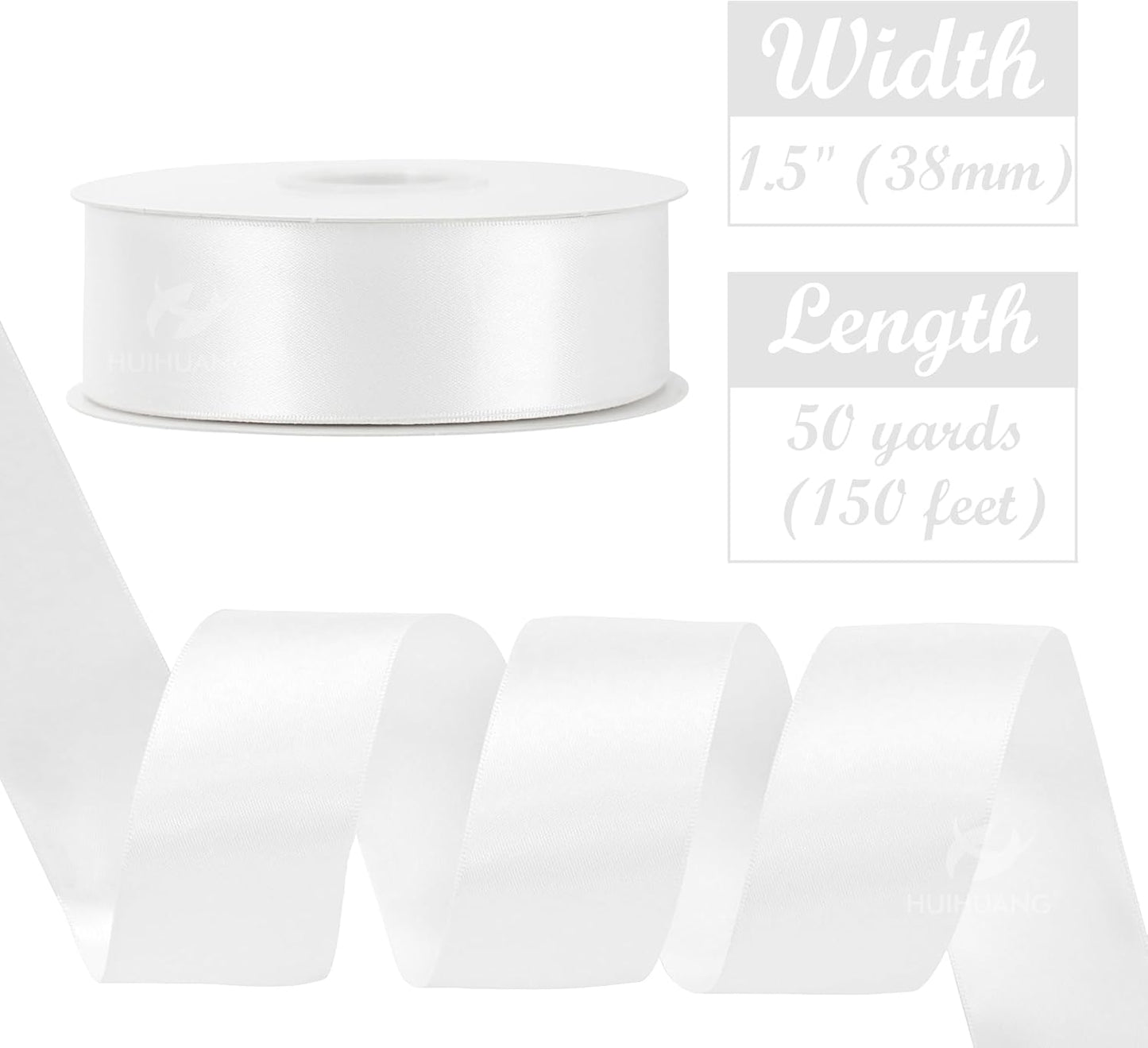 HUIHUANG White Satin Ribbon 1-1/2 inch Double Face Satin Ribbon Christmas Gift Wrapping Ribbons for Crafts Gifts Bows Making Floral Bouquet Wedding Invitations Decor Party Favor and Craft Supplies