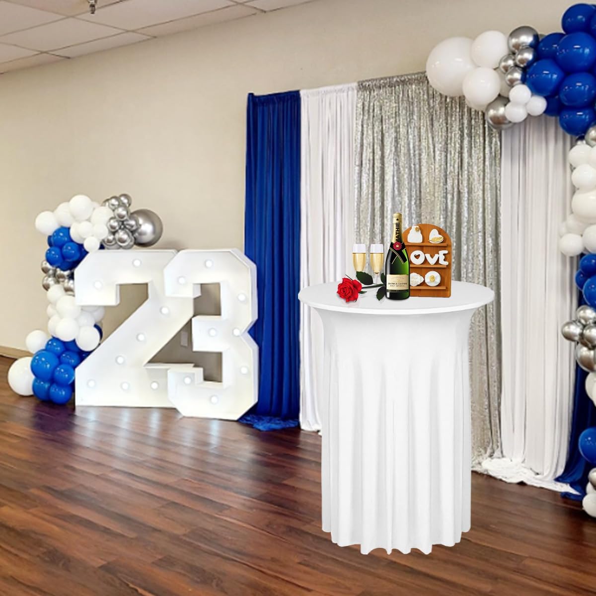 Albassa 2 Pack Cocktail Table Covers 32"x 43" Spandex Stretch Round Cocktail Tablecloths with Wavy Drapes Fitted High Top Bar Table Skirt for Wedding Party Banquet (White, 2 PCS)