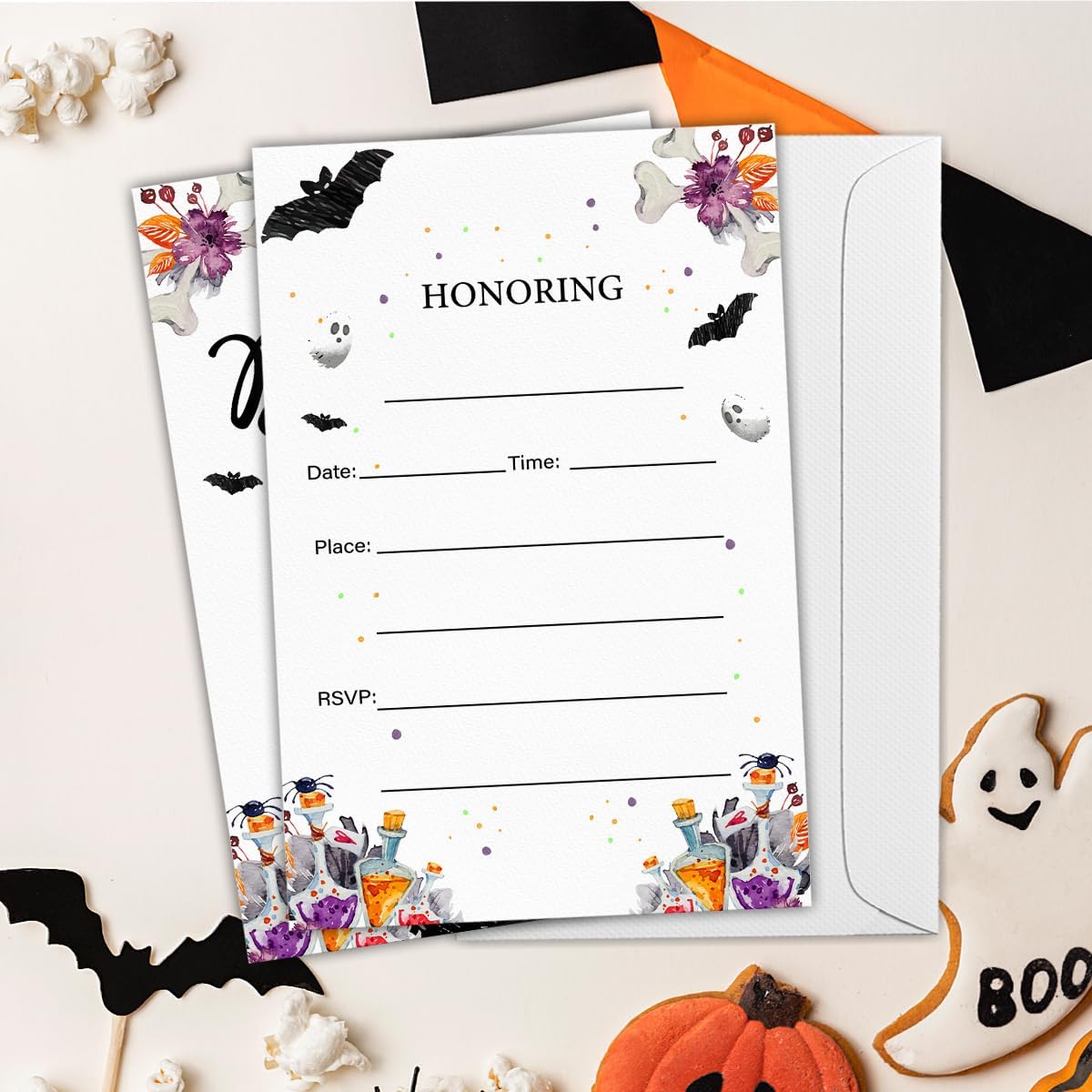 Halloween Baby Shower Party Invitations, a Baby Is Brewing Baby Shower Wizard Brewing Halloween Party Fill in Invites Cards With Envelopes (20 Count), Double Sided Design