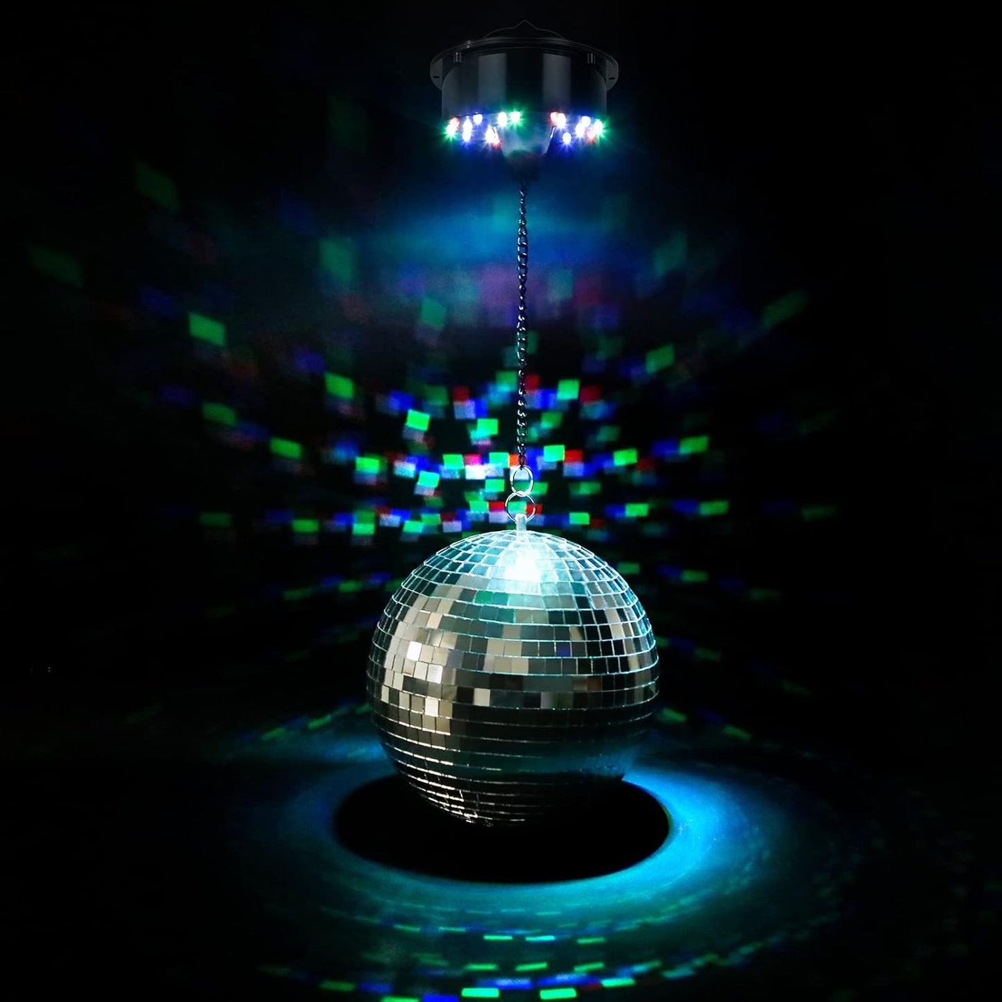 Disco Ball with Motor and Light, 8" Hanging Mirror Ball and 6RPM Batteries Powered Rotating Motor with 4 Light Colors and 18 LEDs for Disco Party Decoration, DJ Club