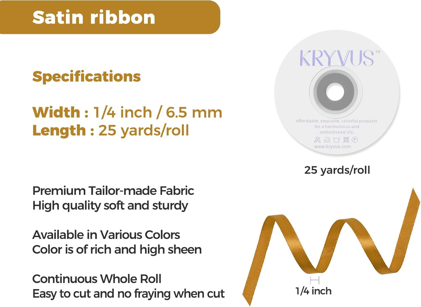 Gold Satin Ribbon 1/4 inch X Continuous 25 Yards, Single Face Polyester Ribbon Perfect for Gift Wrapping, Flower Bouquet, Wedding Decor, Crafts, Bow Making, Sewing and More