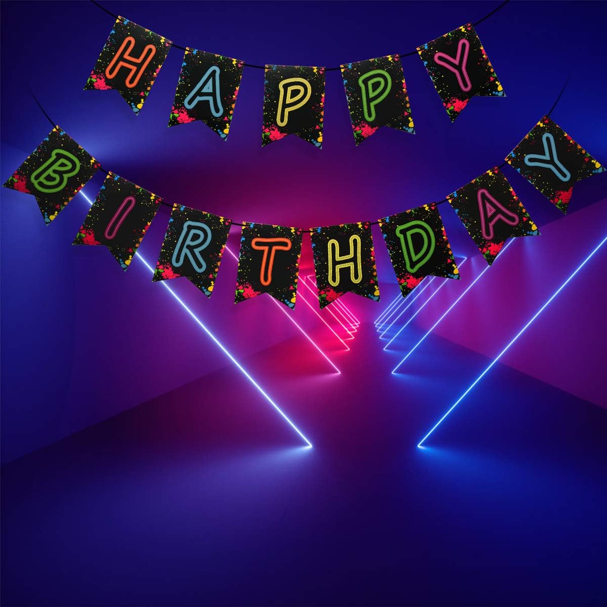 Glow Party Happy Birthday Banner Decoration（Already Assembled）, 80s Birthday Banner Let's Glow Party Decorations, Glow in the Dark Party Supplies, Neon Party Birthday Decorations