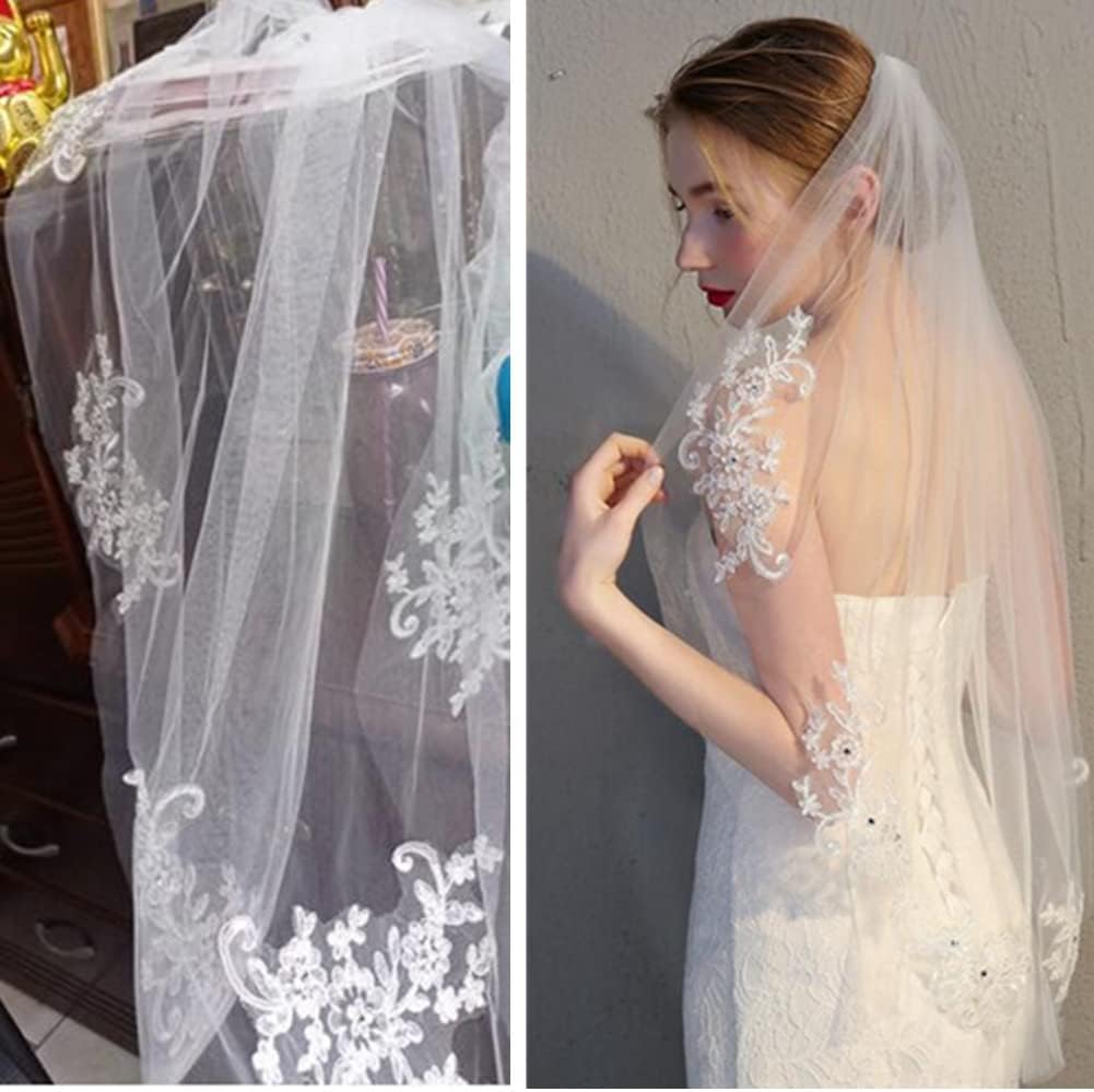 Elegent Lace Appliques Wedding Veil Crystal Beaded, Wedding Bridal Veil with Comb