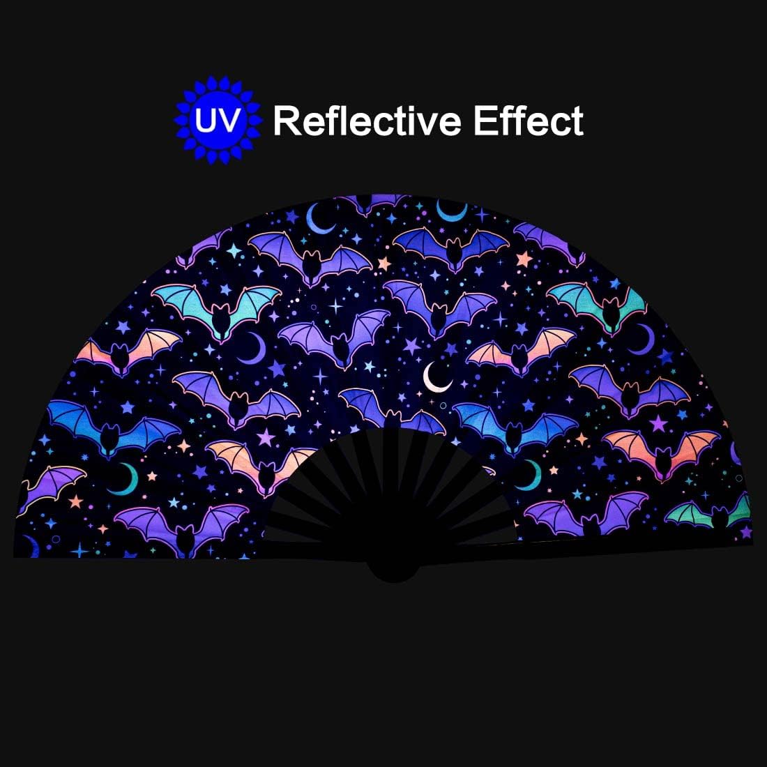 UV Glow Rave Fan, Bamboo Folding Clack Hand Fan for Men Women (Multicolored Bats, Large 13")