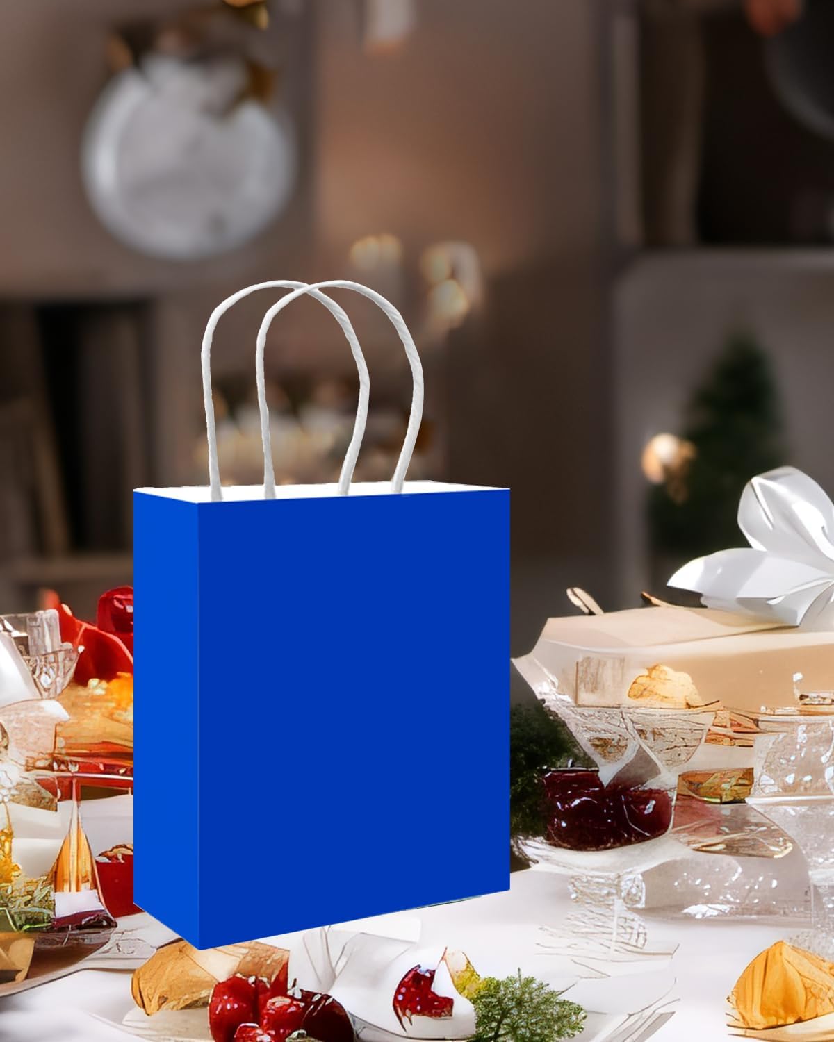 qiqee 50-Packs Gift Bag with Handles Bulk Diamond Blue Paper Bags Multiple Uses (8.3"x3"x6" Small Size)