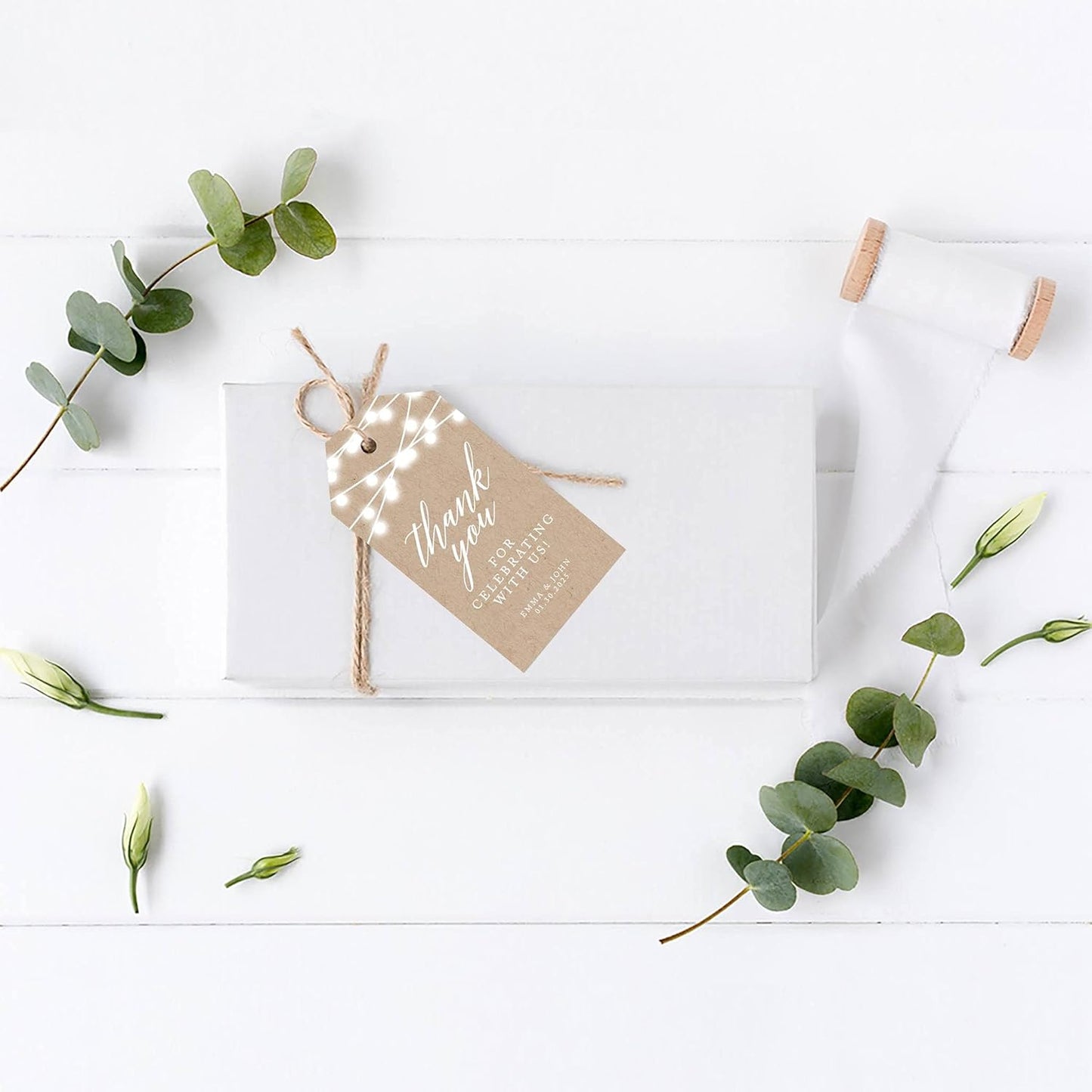 Andaz Press 100-Pack Personalized Thank You for Celebrating with Us Wedding Favor Tags with Bakers Twine Rustic String Lights Custom Cardstock Wedding Gift Tags for Party Favors 2 x 3.75-Inches