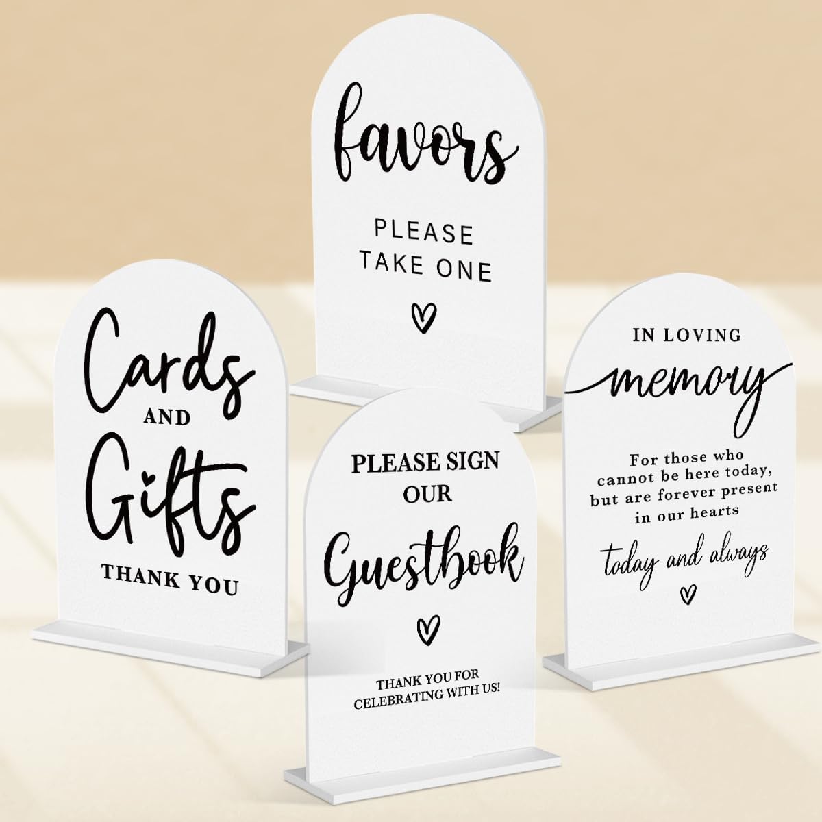 4 Pcs Acrylic Wedding Signs for Ceremony and Reception, Bridal Shower Decorations, Cards and Gifts Signs, Guest Book Sign, Arch Acrylic Table Top Sign with Holder for Wedding Reception (White)
