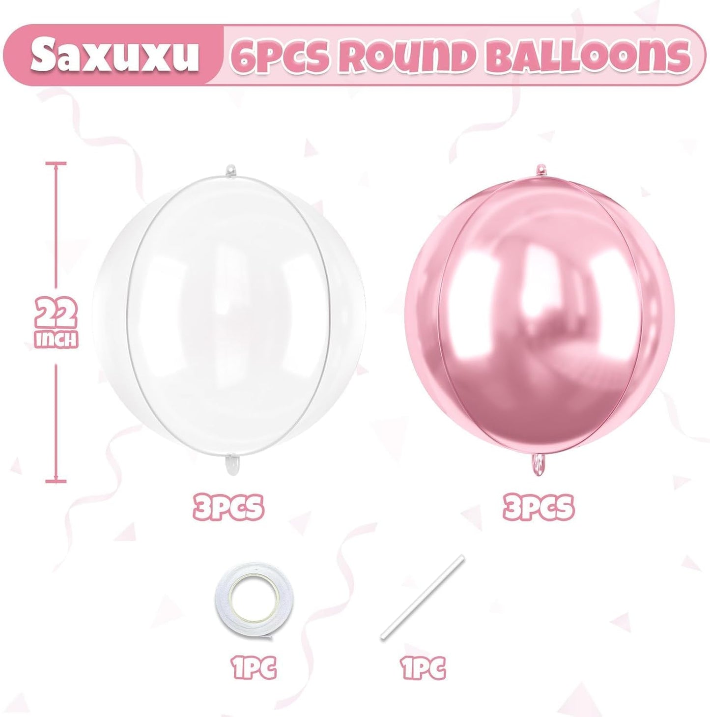 Pink White Giant 4D Foil Balloons, 6 Pcs Large Metallic Pink and White Round Balloons, 22 Inch Big Round Foil Balloon for Wedding Prom Birthday Party Baby Shower Decorations