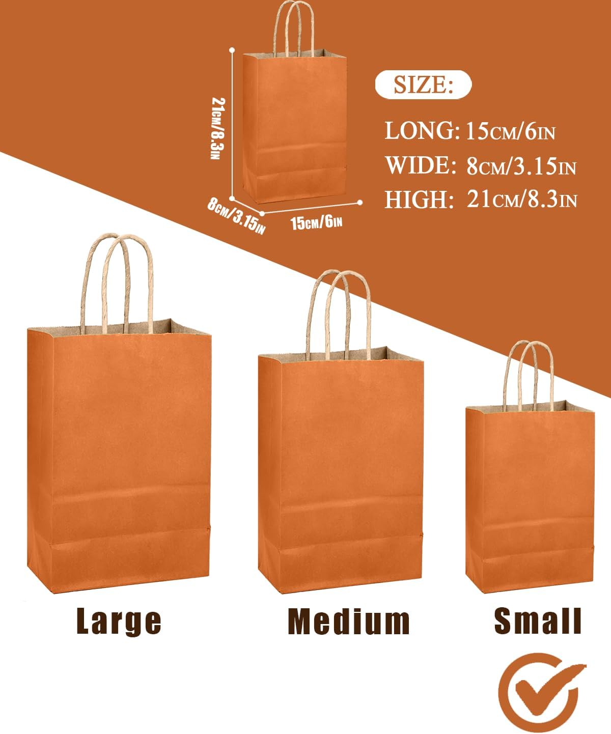 qiqee Classic Orange Gift Bag with Handles Bulk 24Pcs Paper Bags -8.3"x6"x3. 15" Party Favor Bags - Solid Color
