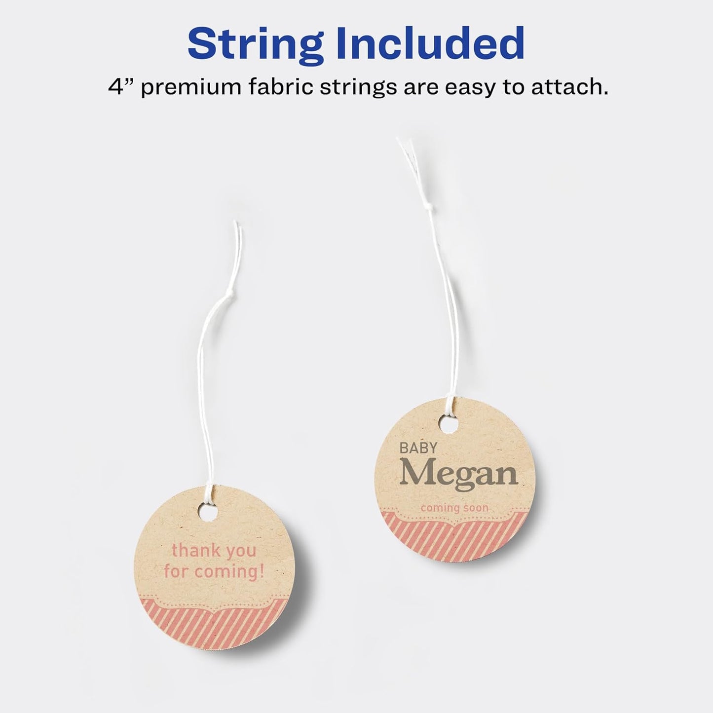 Avery Kraft Brown Round Tags, Sure Feed Technology, 2" Diameter, Printable on Both Sides, Includes Strings, 96 Total (80515)