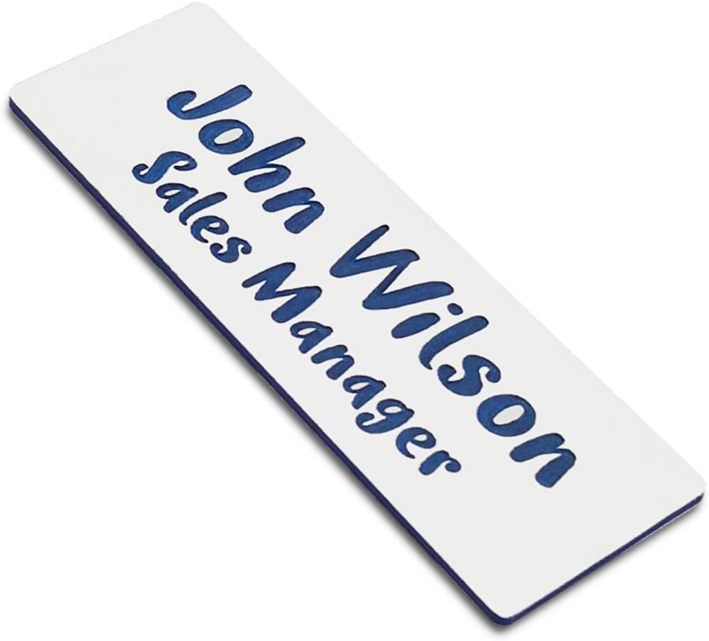 Custom Engraved Name Tag Badges for Business, Personalized Identification with Pin, Magnetic, Adhesive, or Blank Backing, 1"x3", White/Blue Text