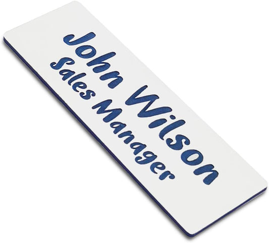 Custom Engraved Name Tag Badges for Business, Personalized Identification with Pin, Magnetic, Adhesive, or Blank Backing, 1"x3", White/Blue Text