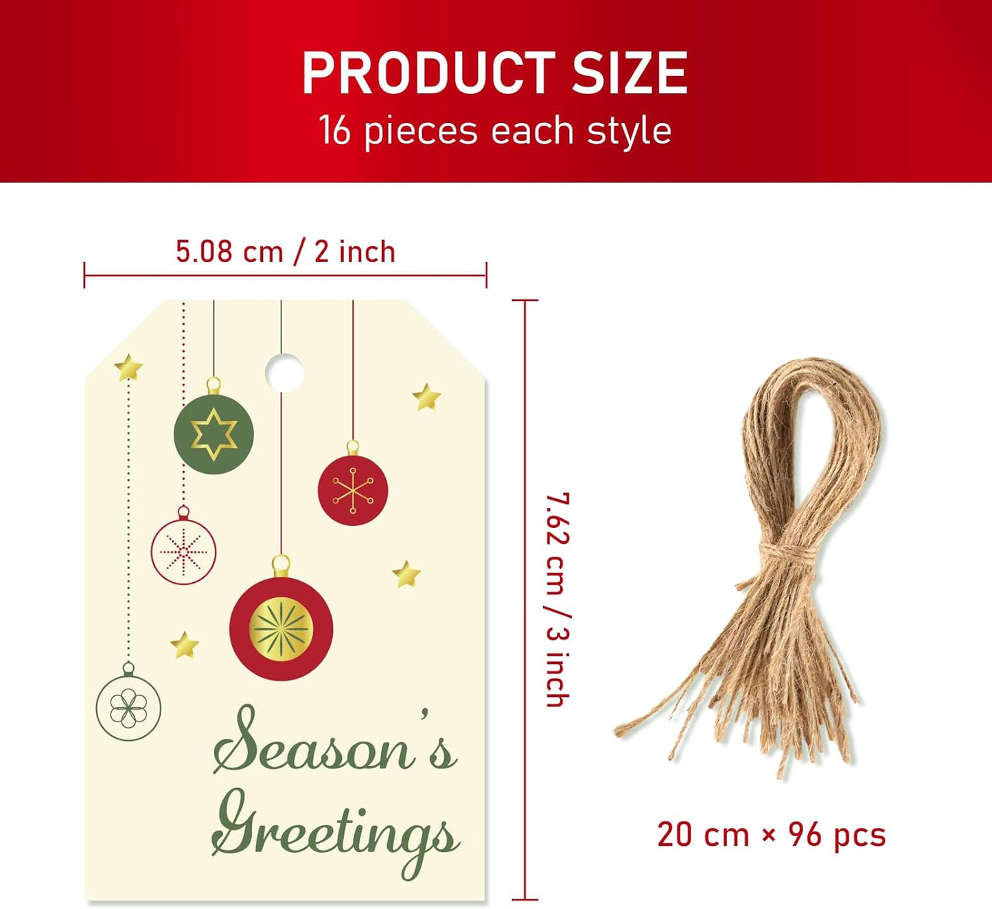 Christmas Gift Tags with String, 96 Pcs Christmas Hanging Tags Label Gold Foil Xmas Present Tag for DIY Xmas Holiday Present Wrapping Decorations, 6 Styles