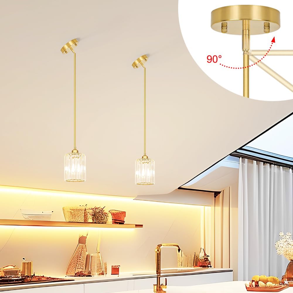 Gold Kitchen Pendant Lights Over Island with Adjustable Rods - Crystal Pendant Lighting Fixtures for Sloped Ceiling, Ideal Over Dining Table or Bar, E26 Bulb Compatible, No Electrician Needed