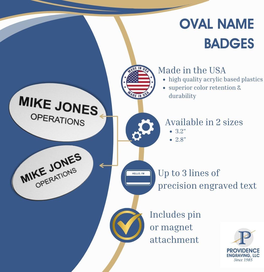 Custom Engraved Name Tag Badges – Personalized Identification with Pin or Magnetic Backing, 2.8 Inch Oval, Radiant Gold/Black