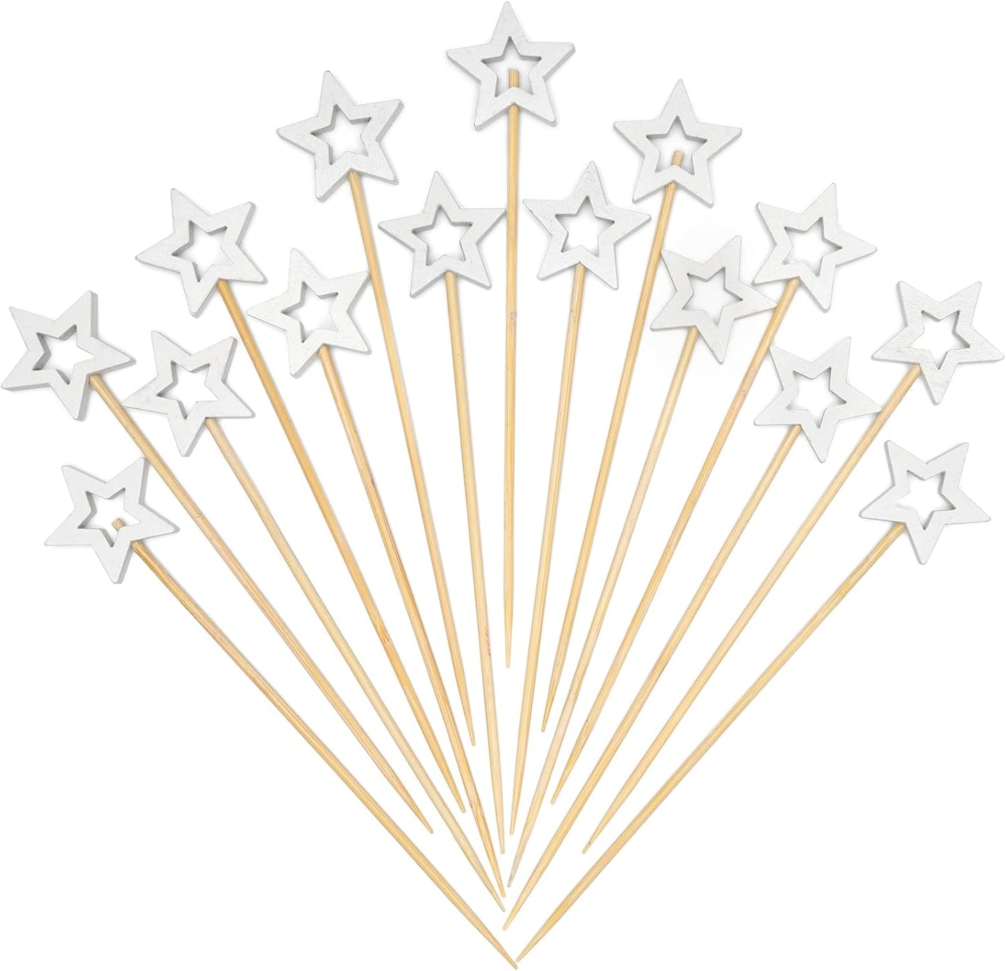 Minisland Big White Star Cocktail Picks, 5.5 Inch Long Bamboo Fancy Toothpicks for Appetizers, Decorative Independence Day Christmas Party Food Drinks Garnish Fruit Skewer Sticks 50 Counts - MSL434