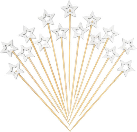 Minisland Big White Star Cocktail Picks, 5.5 Inch Long Bamboo Fancy Toothpicks for Appetizers, Decorative Independence Day Christmas Party Food Drinks Garnish Fruit Skewer Sticks 50 Counts - MSL434
