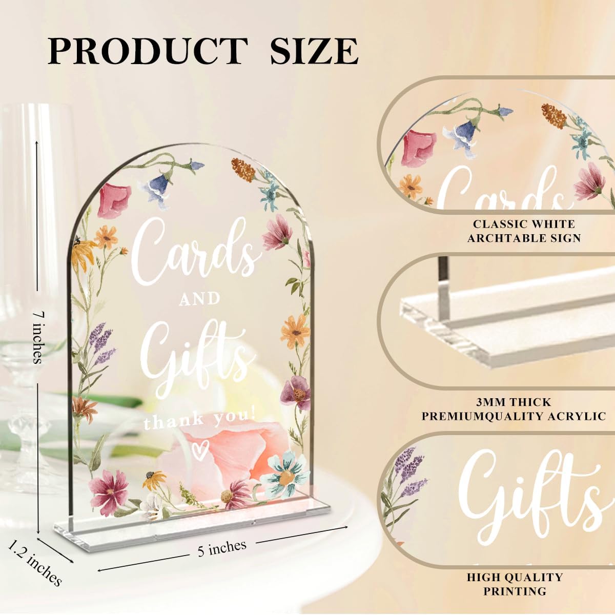 2 Pcs Acrylic Wedding Signs for Reception, Bridal Shower Decorations, Cards and Gifts Signs, Guest Book Sign, Arch Acrylic Table Top Sign with Holder for Wedding Reception (Clear Wildflowers)