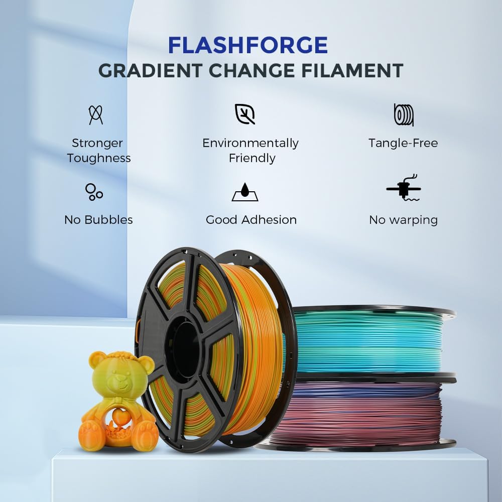 FLASHFORGE 3D Printer Filament Gradient Color Change PLA Filament 1.75mm, 1KG Spool (2.2lbs), Dimensional Accuracy +/- 0.02mm, Better Tenacity & No Knotting 3D Printing Filament (Green & Orange)
