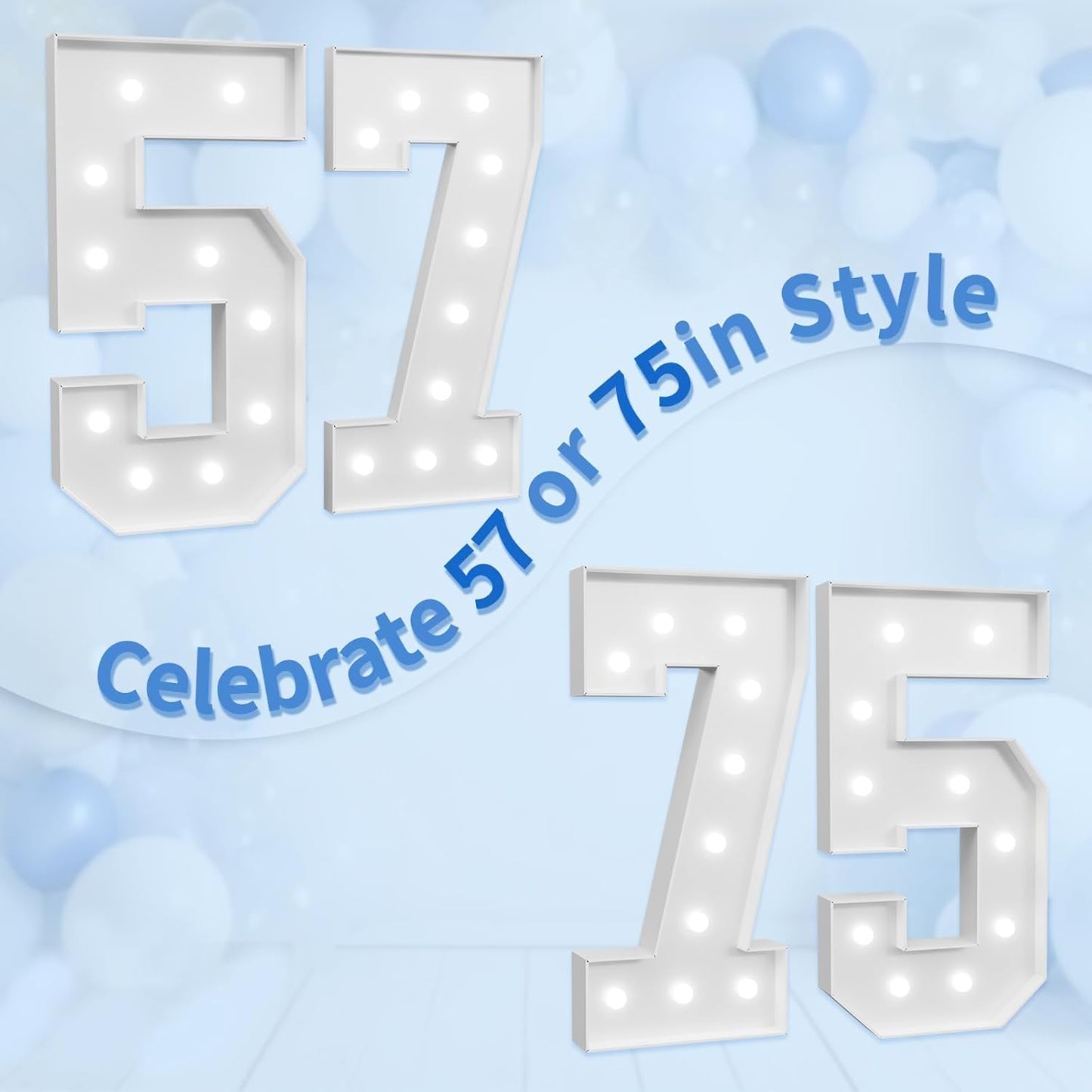 Marquee Numbers Large 57th-Birthday Decorations: 4ft Light Up Number Party Decor 57 Year Old Women And Men 75th Birthday Decoration Backdrop 75 Anniversary Cardboard Big Mosaic Balloon Frame Number 57