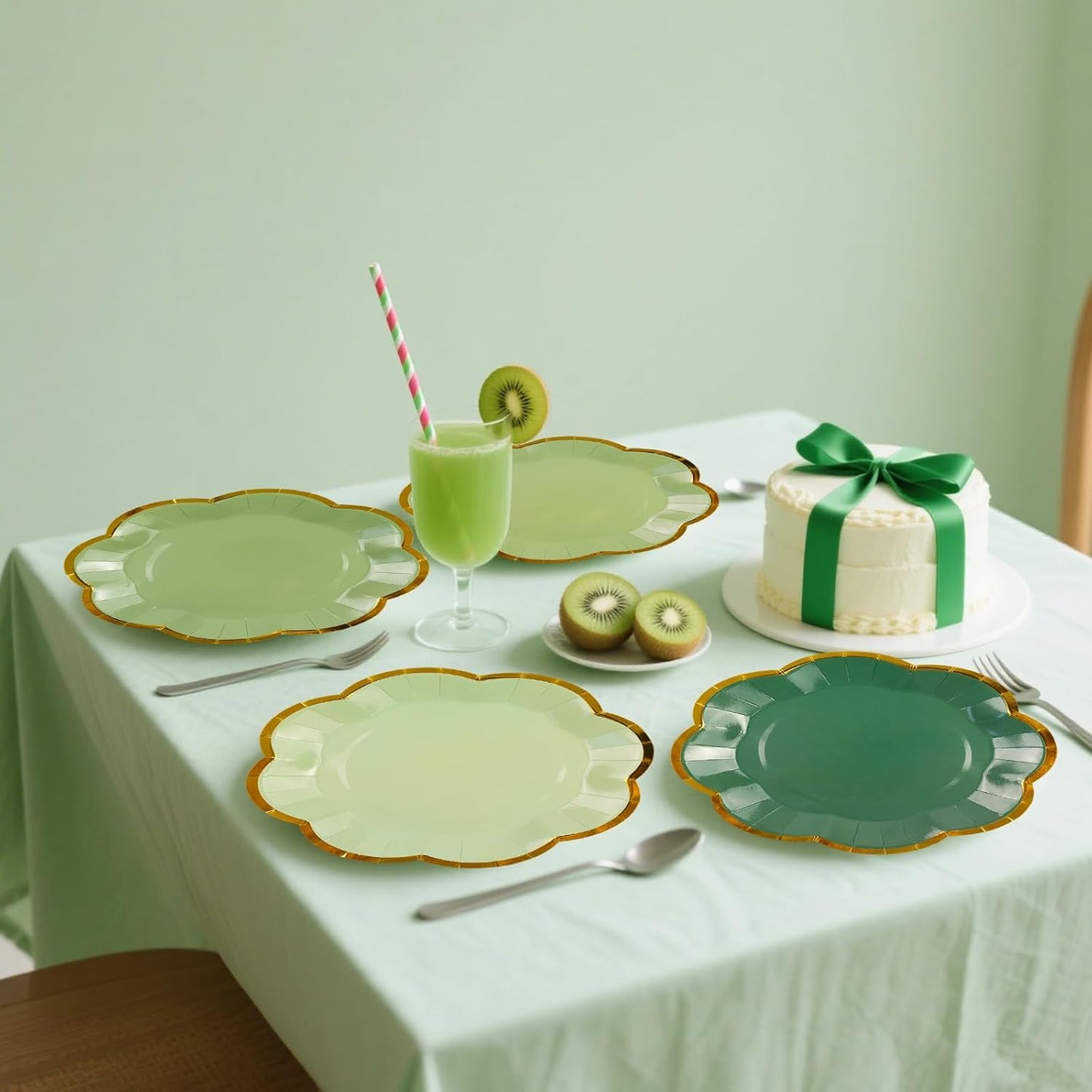48Pcs Sage Green Scalloped Party Plates - 7inch Gold Foil Gradient Green Dessert Paper Plate Disposable Cake Plates for Birthday Bridal Baby Shower Wedding Party Decorative Supplies