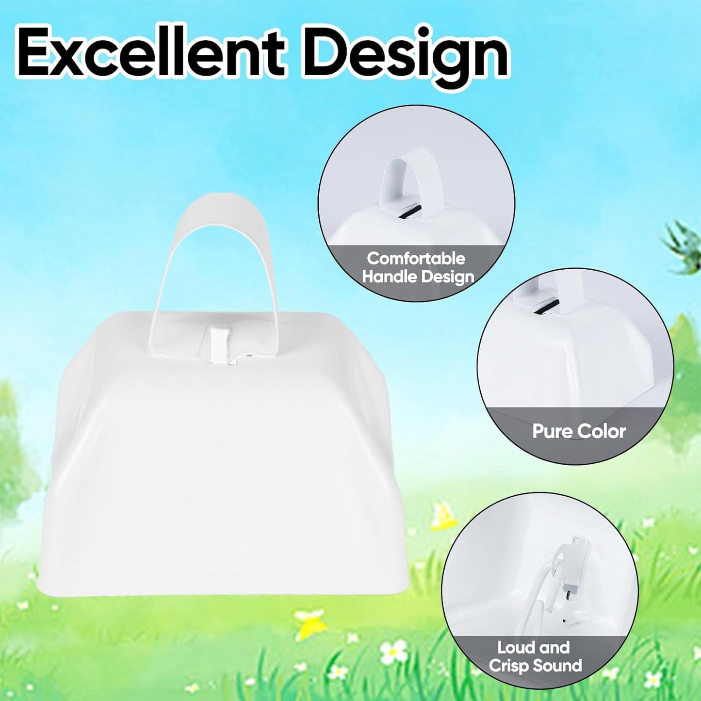 Cow Bells Noise Makers for Sporting Events: 12 Pcs Small White Cowbells with Handle Loud Bells Bulk - Metal Cheering Bell Hand Percussion for Football Games Graduation Weddings - White
