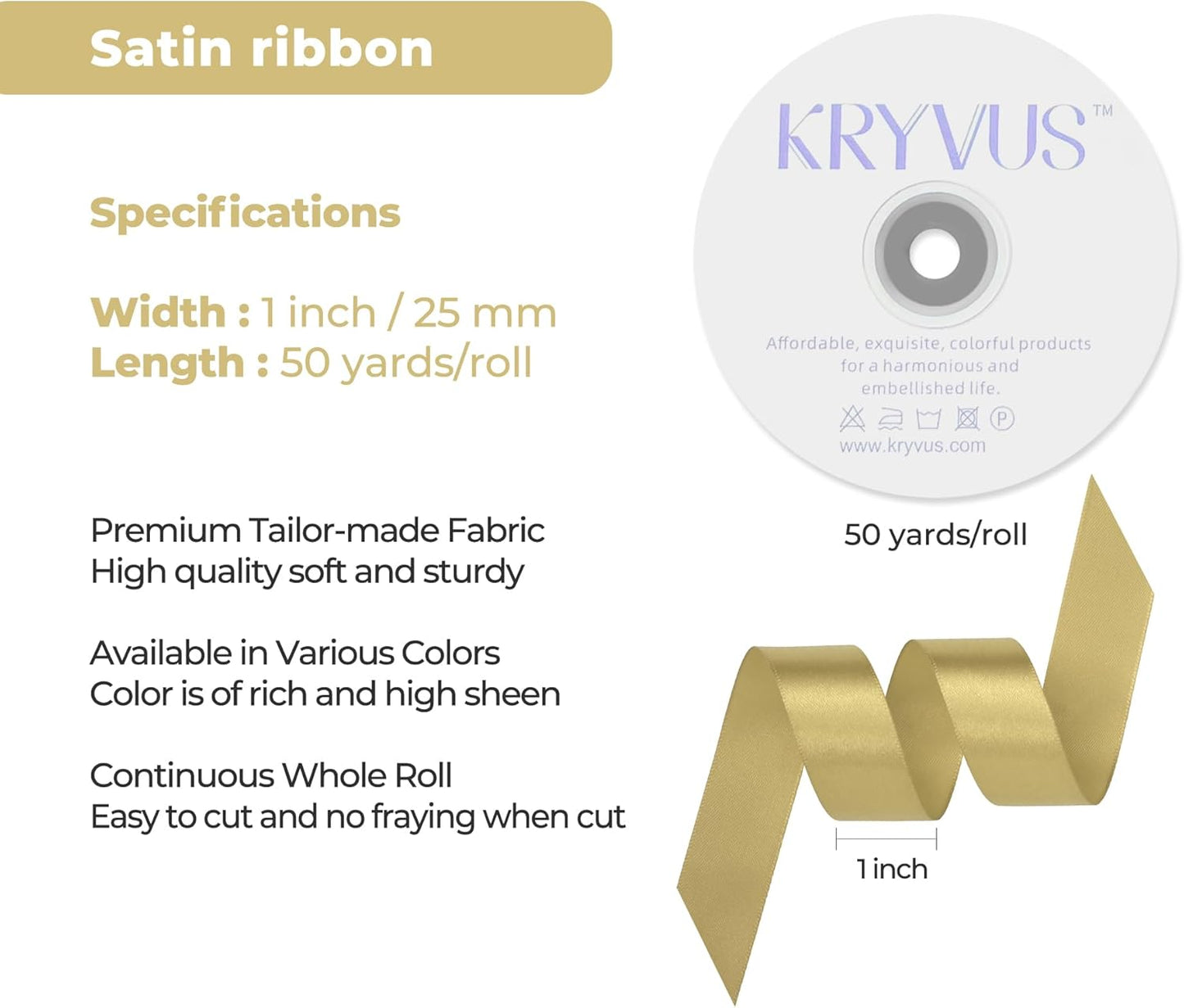 Light Gold Satin Ribbon 1 inch X Continuous 50 Yards, Single Face Polyester Ribbon Perfect for Gift Wrapping, Flower Bouquet, Wedding Decor, Crafts, Bow Making, Sewing and More