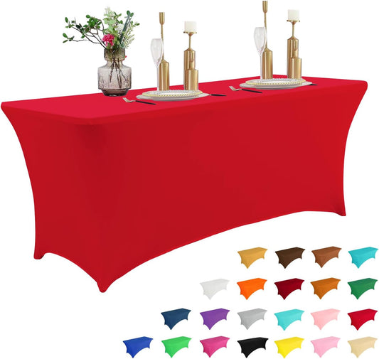 IVAPUPU 4FT Table Cloth for Rectangular Fitted Events Stretch Red Table Covers Washable Cover Spandex Tablecloth Protector for Party, Wedding, Cocktail, Banquet, Festival