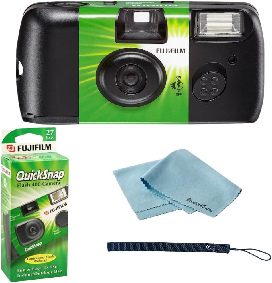 Fujifilm QuickSnap Flash 400 Disposable 35mm Camera • 4 Pack • 4 Hand Straps • 2 BluebirdSales Microfiber Cloth, Green, 7033661