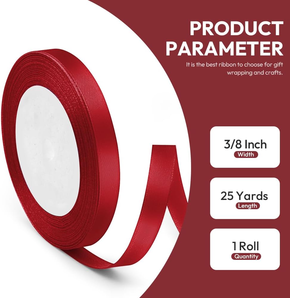 3/8" x 25 Yards Satin Ribbon, Scarlet Silk Ribbon Ideal for Gift Wrapping, Floral Bouquets, Crafts, Wedding Party Decorations, Christmas and Sewing Projects