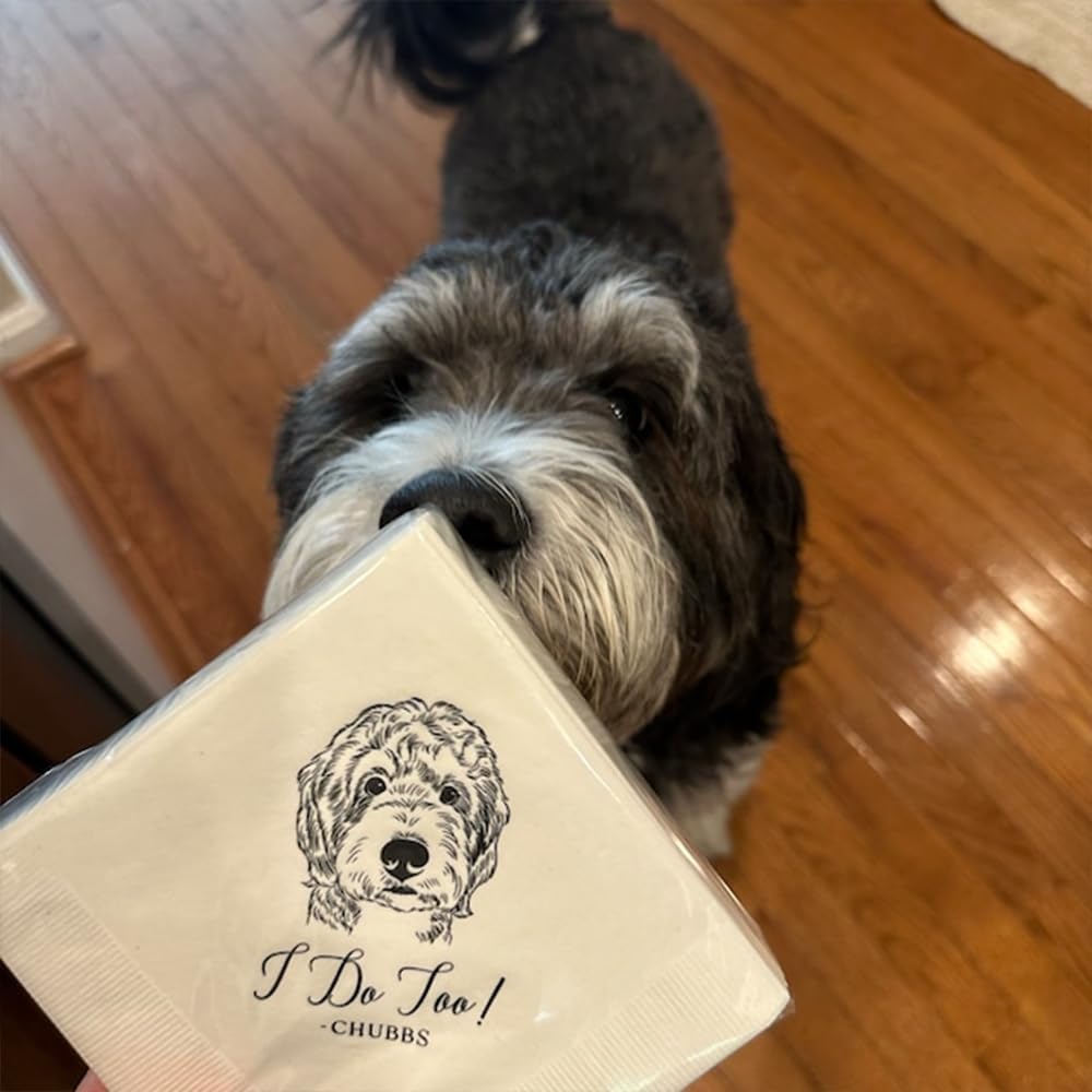 Luxury Personalized Illustrated Dog Wedding Napkins, Personalized Photo Napkins for Dog, Custom Wedding Cocktail, Bridal Shower, Engagement Party