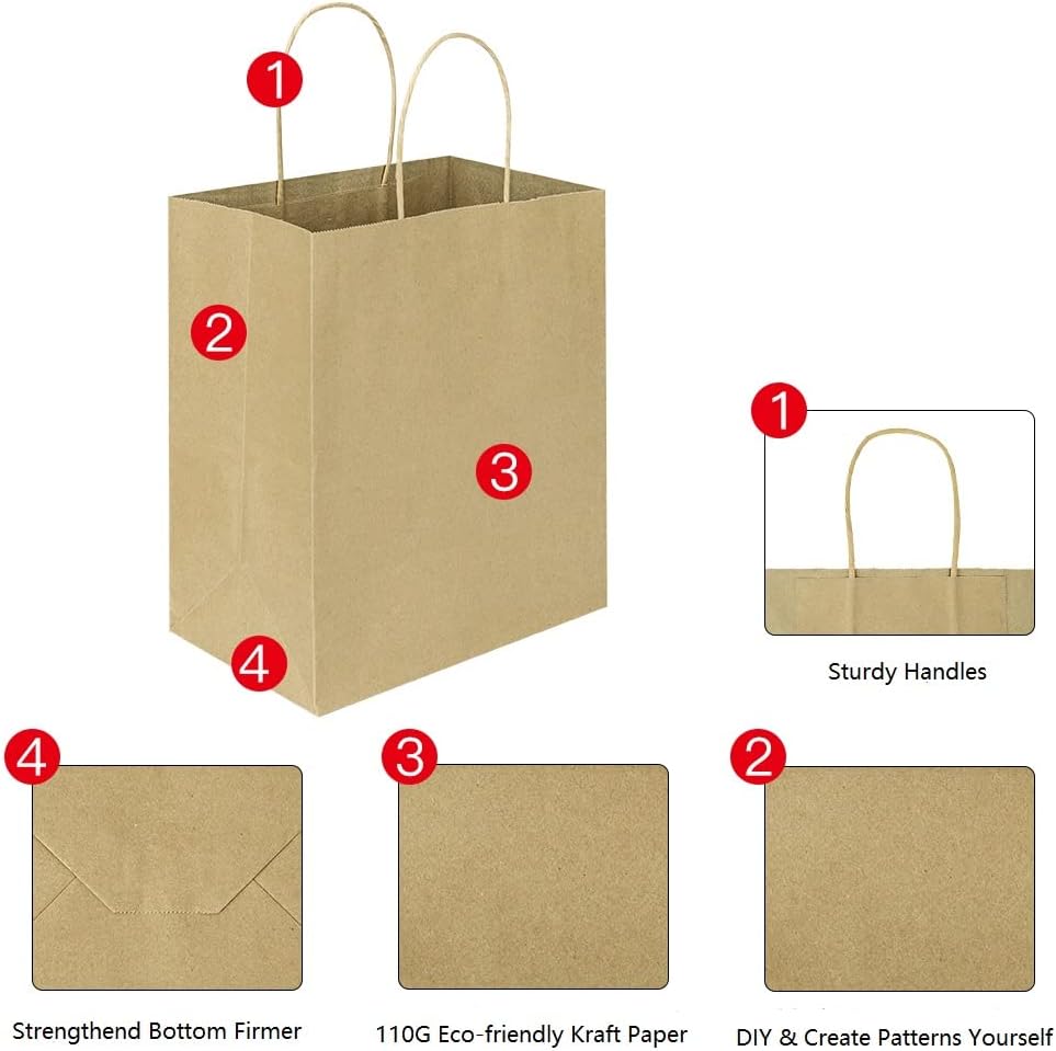 Oikss 50 Pack 8x4.75x10 Inch Medium Brown Kraft Paper Bags with Handles Bulk for Birthday Wedding Party Favors Grocery Retail Shopping Business Goody Craft Gift Bags Sacks (Plain Natural 50 Count)