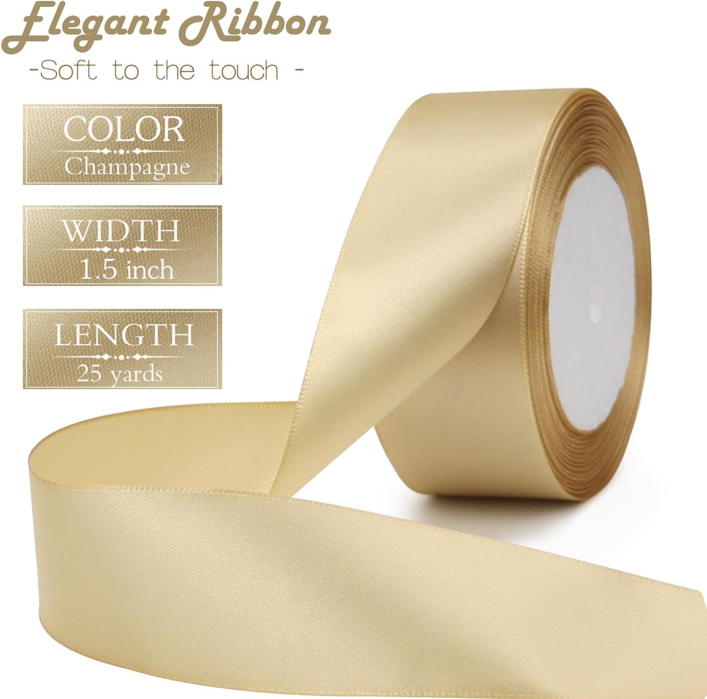 Champagne Solid Satin Ribbon 1-1/2 Inch 25 Yards Solid Polyester Fabric Ribbon for Gift Wrapping Wedding Christmas Baby Shower Birthday Party Decoration Handmade Immortal Flower Craft