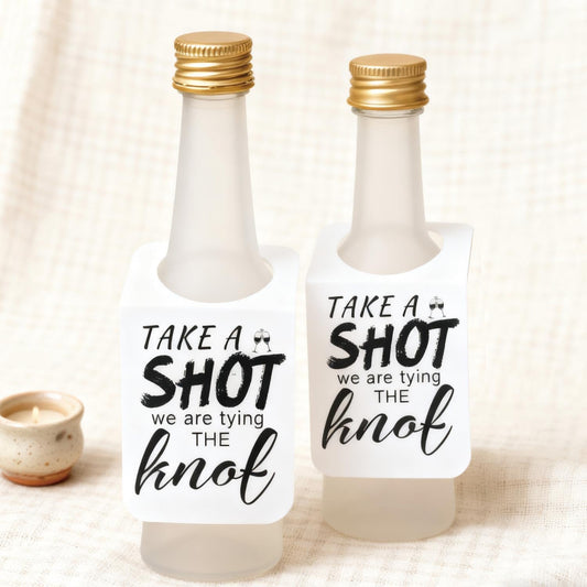 Take a Shot We are Tying (Or Tied) The Knot Tags with Hanging Hole Rectangle Kraft Paper Card Decorative Knot Tags for Engagement Party Wedding Decor, Bridal Party Gifts (Rectangular White)