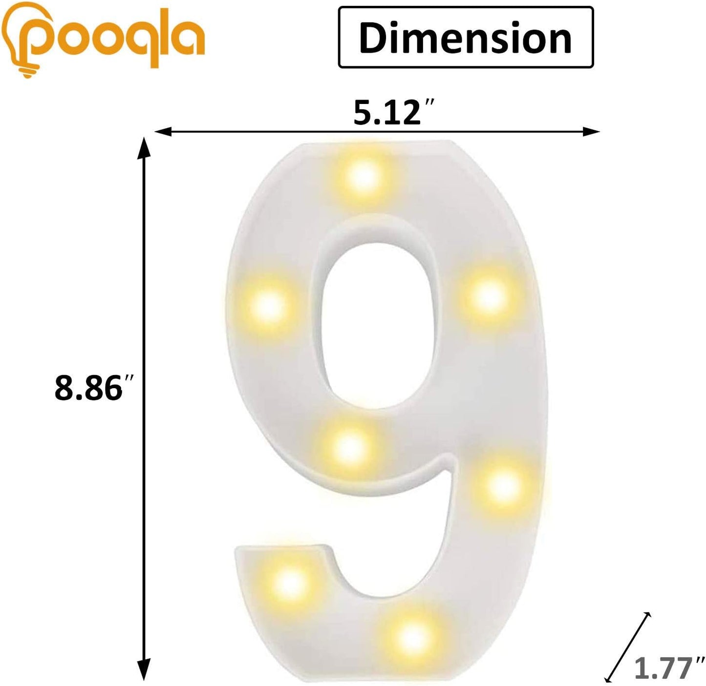 Pooqla Decorative Led Light Up Number Letters, White Plastic Marquee Number Lights Sign Party Wedding Decor Battery Operated Number (9)