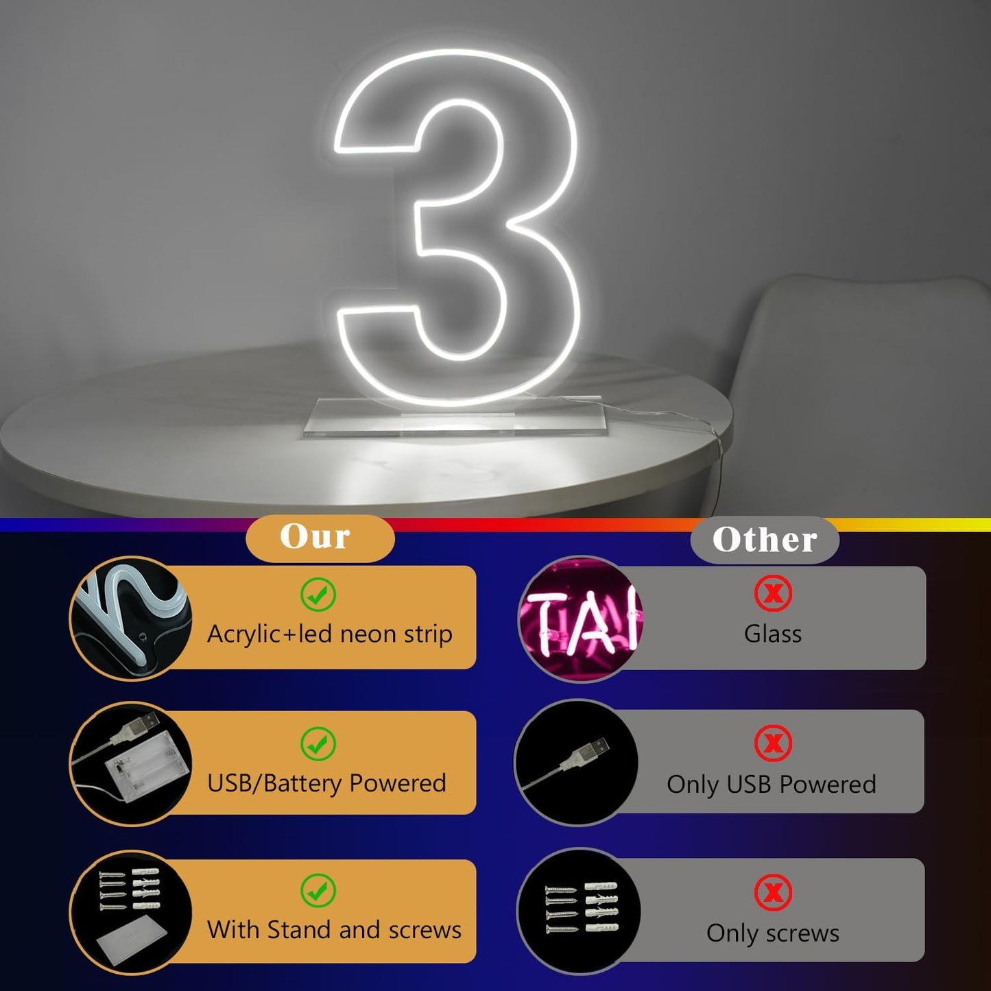 Number 3 Neon Sign for Birthday, 16.54" Cool White USB Battery Powered Led Neon Sign for Party Wedding Anniversary Decor Light Sign (Number 3)