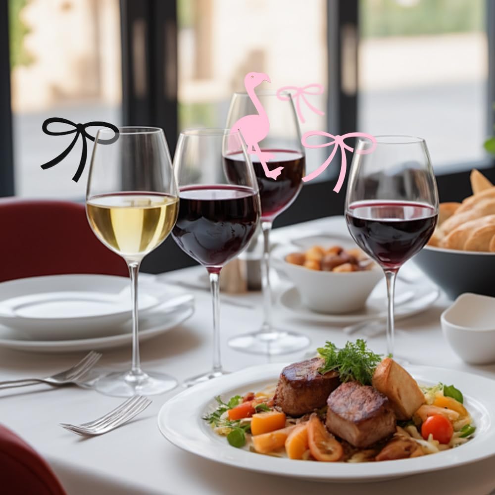 24 Pcs Pink Bow Drink Markers, Pink Bows Charms, Wine Coquette Wine Glass Tags, Drink Glasses Markers, Bar Tools Bow Acrylic Bowknot for Wedding Engagement Bachelorette Party Birthday