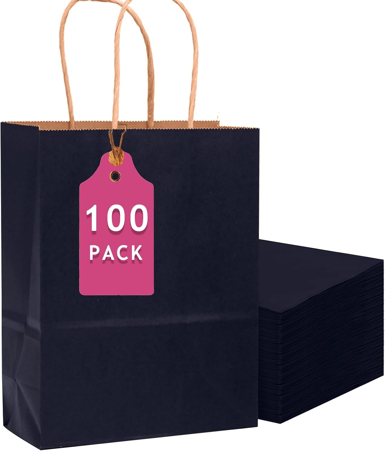 qiqee 100PCS Gift Bag with Handles Bulk Kraft Navy Blue Paper Bags Multiple Uses (13"x10.3"x4.6"- Large Size)
