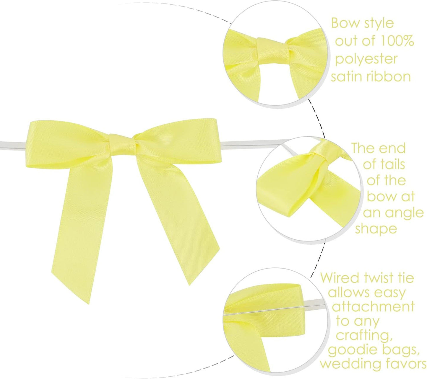 AIMUDI Yellow Bows 2.5" Satin Bows with Twist Tie Premade Craft Bows for Treat Bags Cake Pop Gift Wrapping Basket Wedding Favors Cookie Candy Bagging Baby Shower - 50 Counts