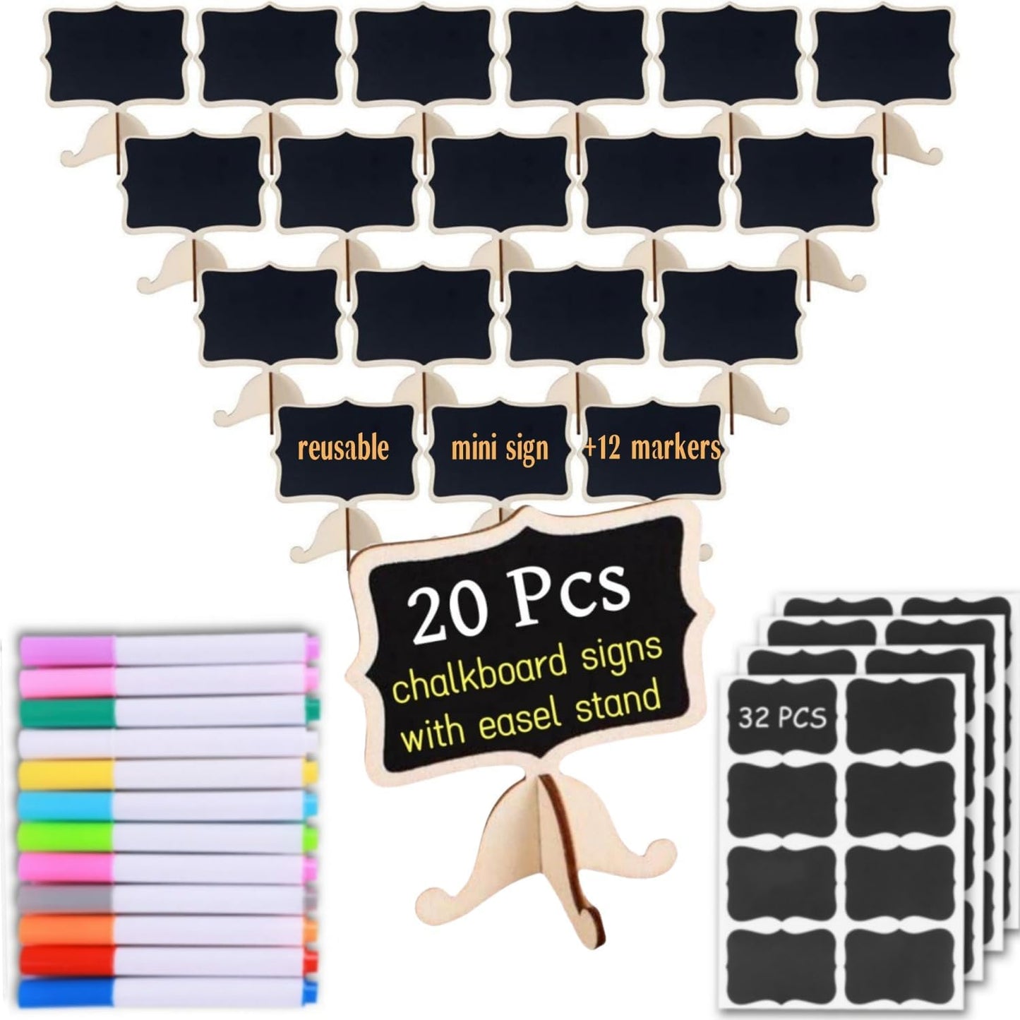 20 Pack Wood Mini Chalkboards Signs, Food Labels Place Cards Small Blackboard for Party Buffet Table Sign Chalkboard Wedding Bakery with 12 Makers and Blackboard Stickers