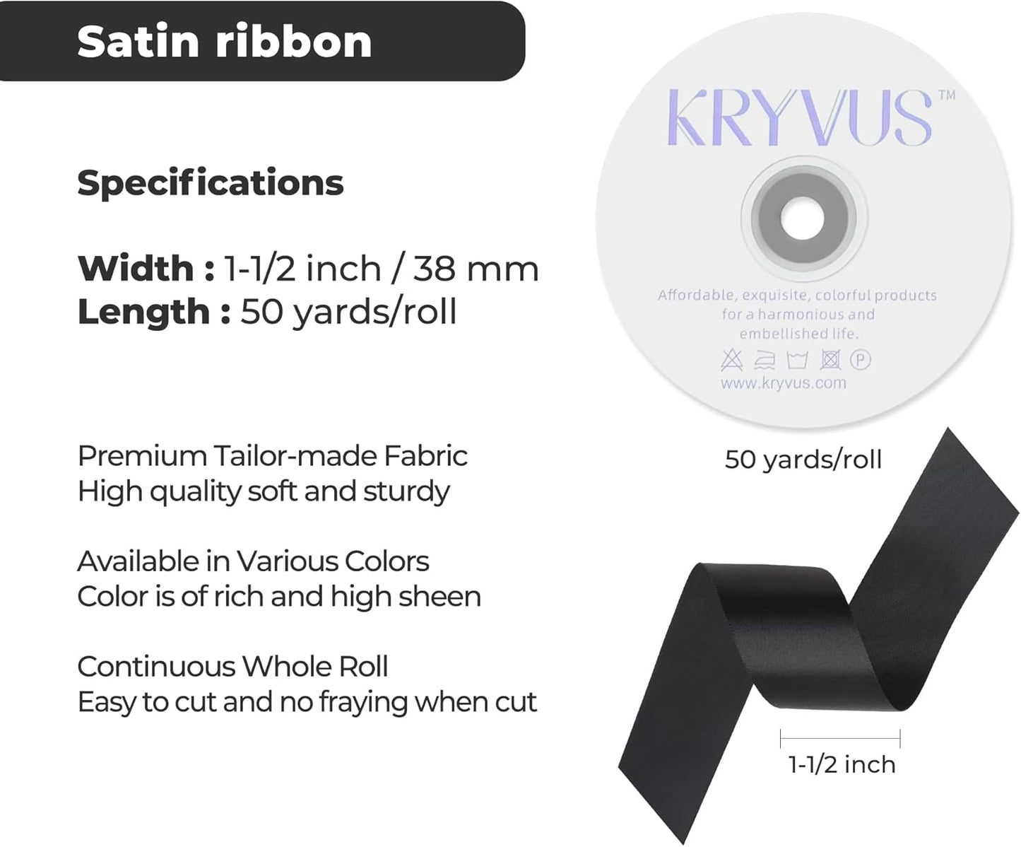 Black Satin Ribbon 1-1/2 inch X Continuous 50 Yards, Single Face Polyester Ribbon Perfect for Gift Wrapping, Flower Bouquet, Wedding Decor, Crafts, Bow Making, Sewing and More