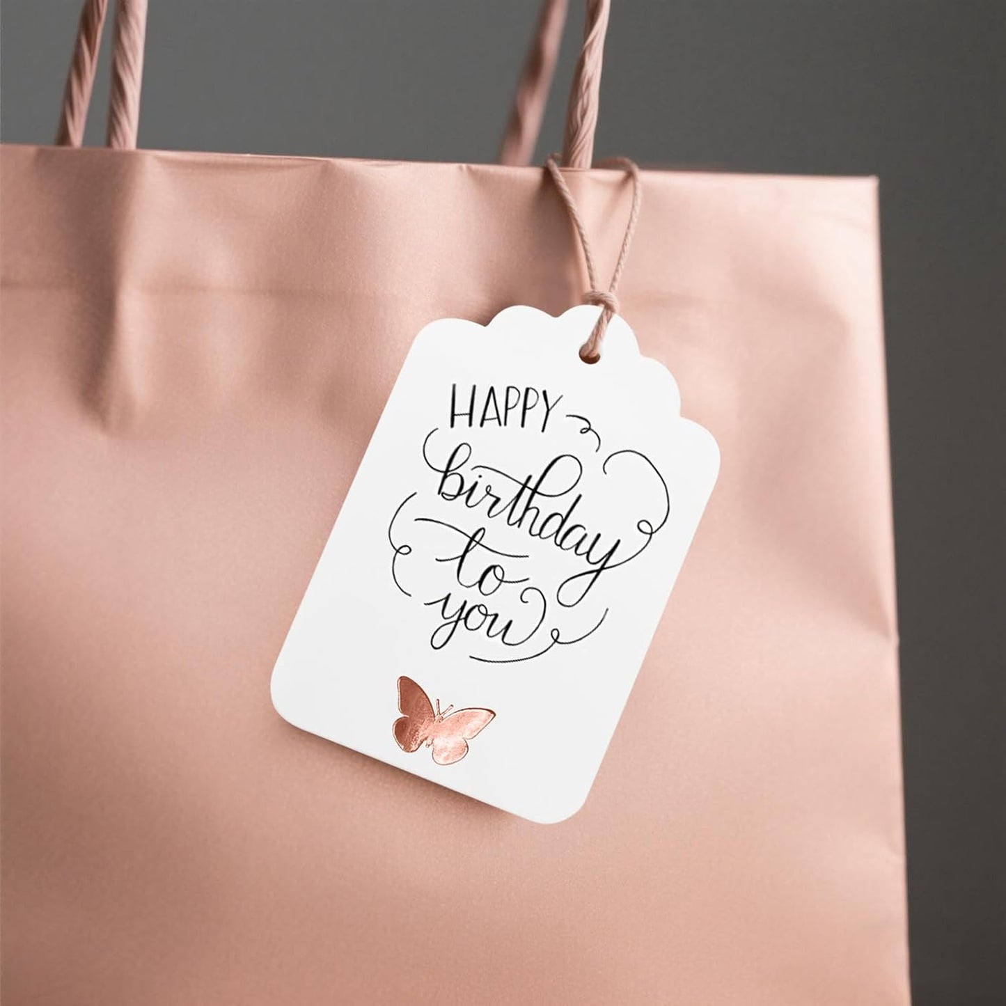 100Pcs Blank Gift Tags with String, Foil Rose Gold Butterfly Large Gift Tags with 65 Ft Jute Twine Cute Tags White Paper Gift Tag for Birthday Baby Shower Wedding Spring Summer Gift Wrap Tag