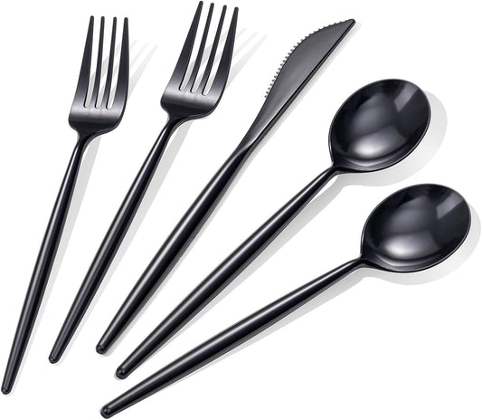 Rubtlamp 90Pcs Plastic Black Silverware, Black Disposable Cutlery, Plastic Utensils Heay Duty include 30 Plastic Knives 60 Plastic Black Forks and Spoons, Black Cutlery For Halloween Decorations