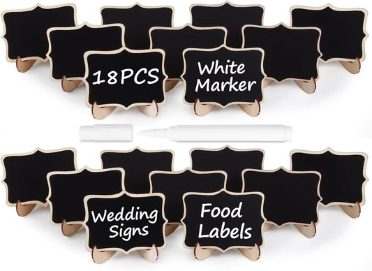 Herda 18 PCS Mini Chalkboard Signs with Easel Stand, Wooden Blackboard Labels for Wedding Celebration, Name/Place Cards, Food Labels for Party Buffet, Reusable Signs/Message Boards/Table Numbers etc.