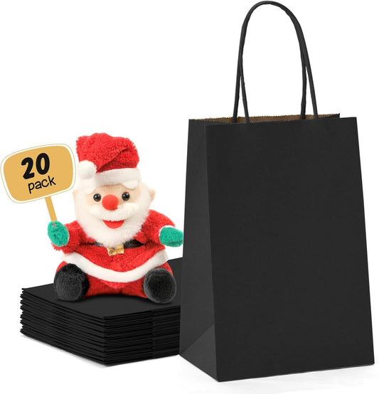 METRONIC 20 Pack 5.25x3.75x8 Small Black Gift Bags, Kraft Paper Shopping Bag with Handles for Small Business, Boutique, Gift Wrap, Bulk