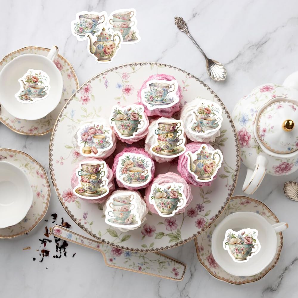 45PCS Edible Tea Party Cupcake Toppers Wafer Paper Teapot Teacup Cupcake Toppers Floral Tea Time Cake Picks Afternoon Tea Decorations for Tea Party Theme Baby Shower Decor Supplies