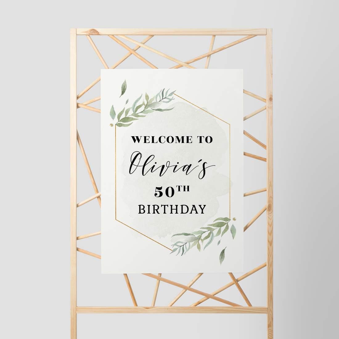 Andaz Press Personalized Extra Large Birthday Easel Board Party Sign, 12x18-inch, Modern Black, Gold with Green Leaves Florals, Welcome to Olivia's 50th Birthday, 1-Pack, Custom Name Age